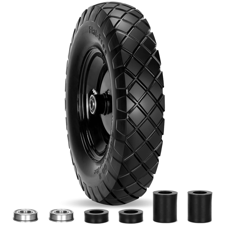 Pontuss upgraded 16-inch flat-free wheel with extension spacers for universal fit across many wheelbarrows.