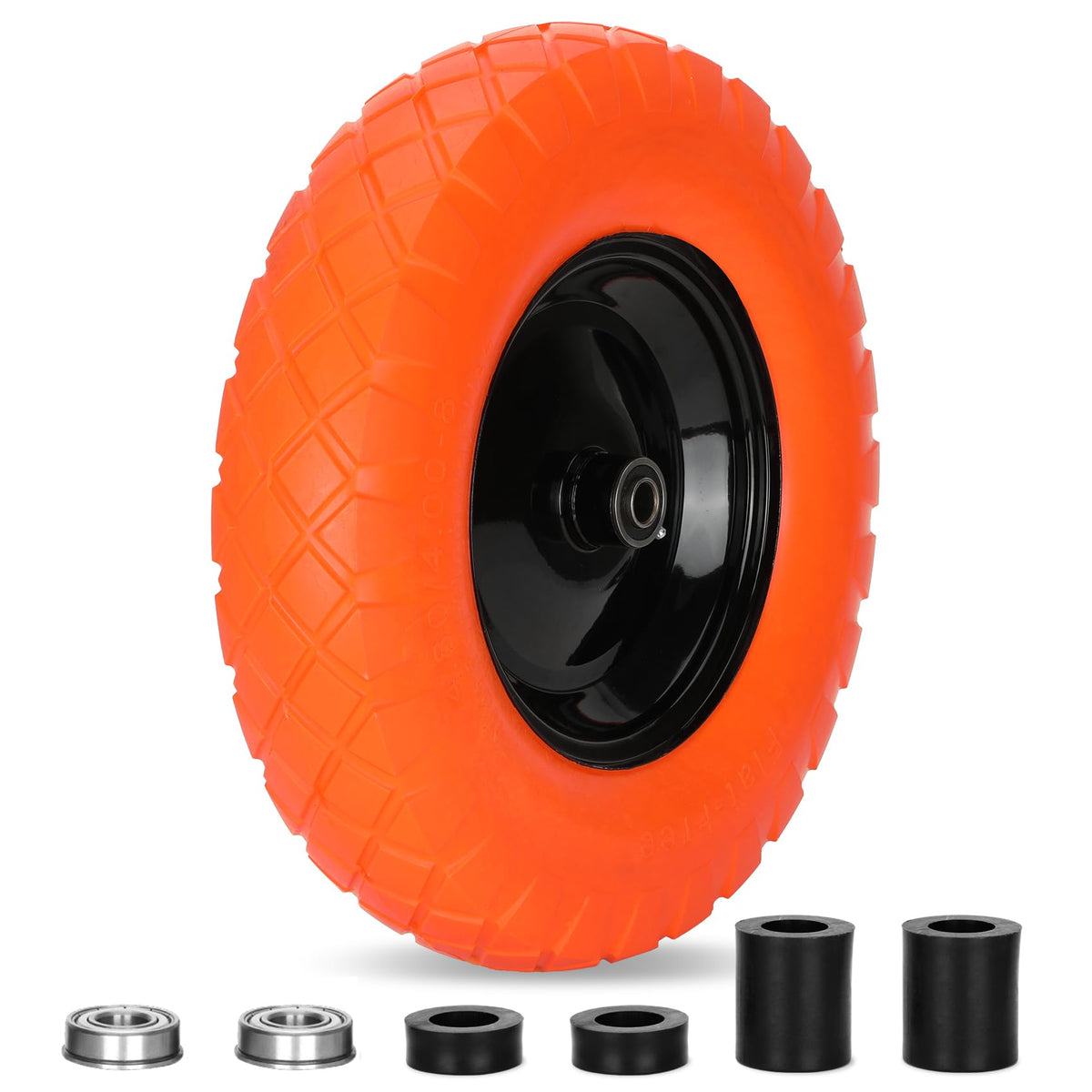 Pontuss upgraded 16in flat-free wheel shows sturdy steel rim for long-lasting wheelbarrow use