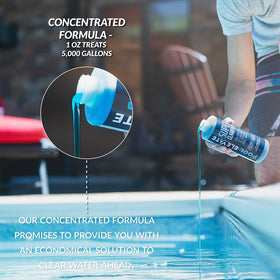 Pool Elevate clarifier action shows water turning crystal clear and purer.