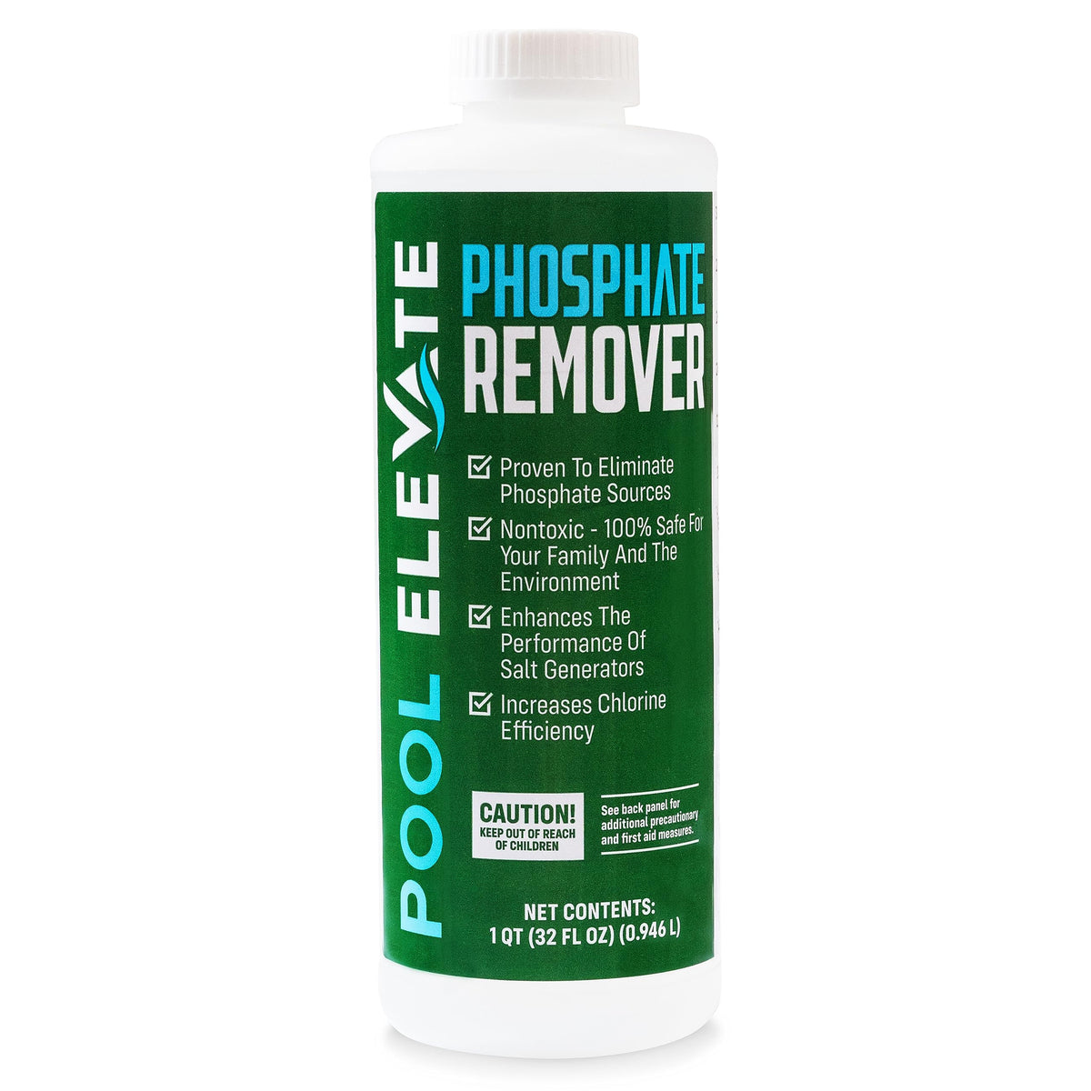 Pool Elevate Phosphate Remover bottle on the pool deck showing easy, mess-free application.