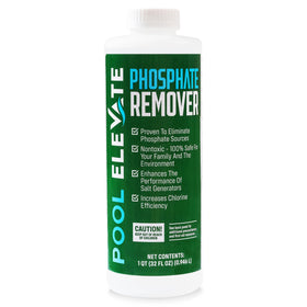 Pool Elevate Phosphate Remover bottle on the pool deck showing easy, mess-free application.