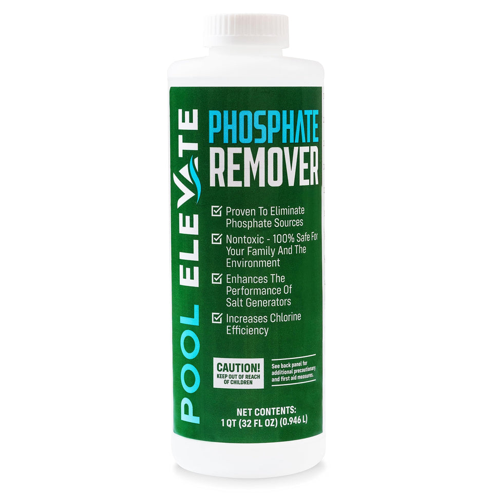 Pool Elevate Phosphate Remover bottle on the pool deck showing easy, mess-free application.