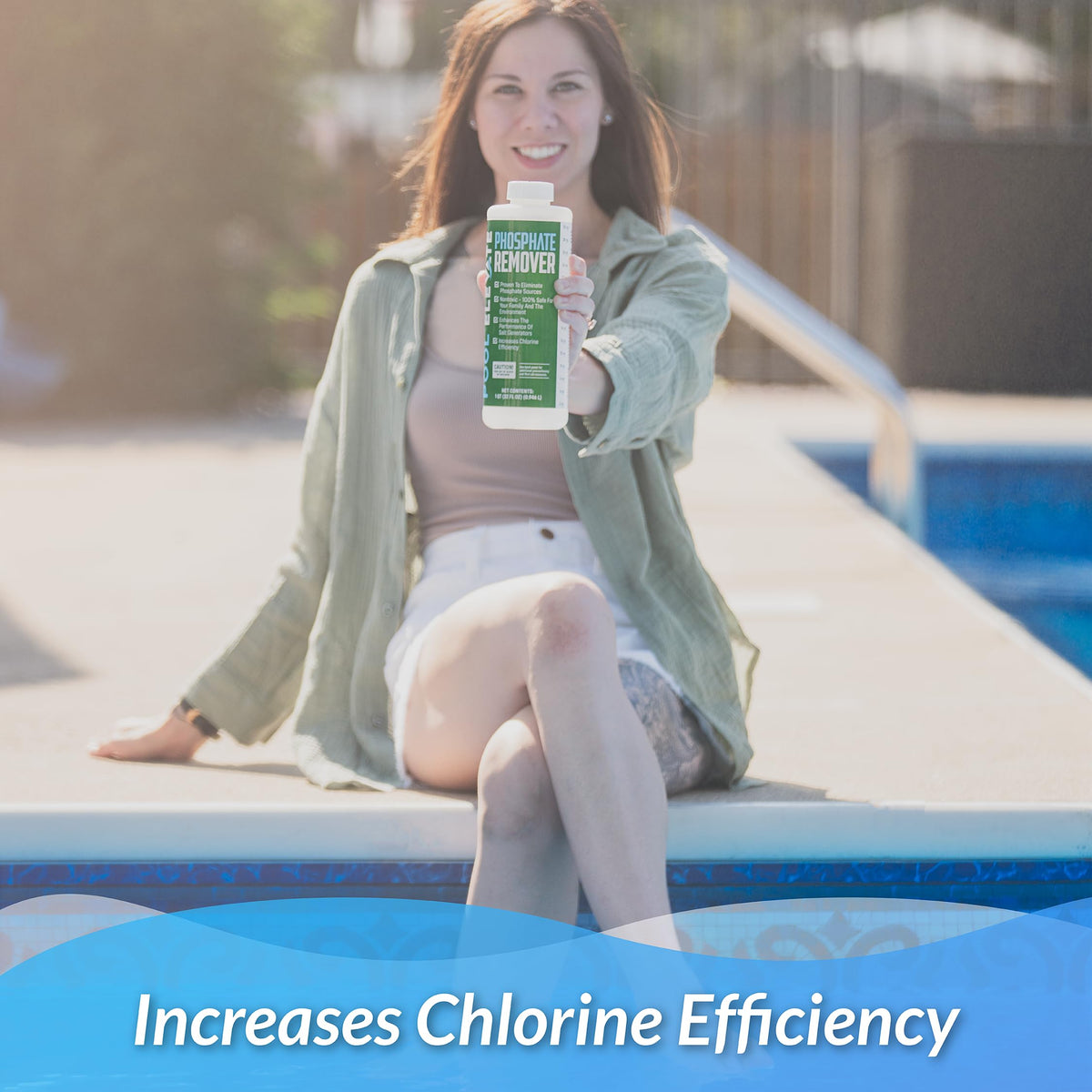 Pool Elevate Phosphate Remover pours into the pool skimmer for fast phosphate control.