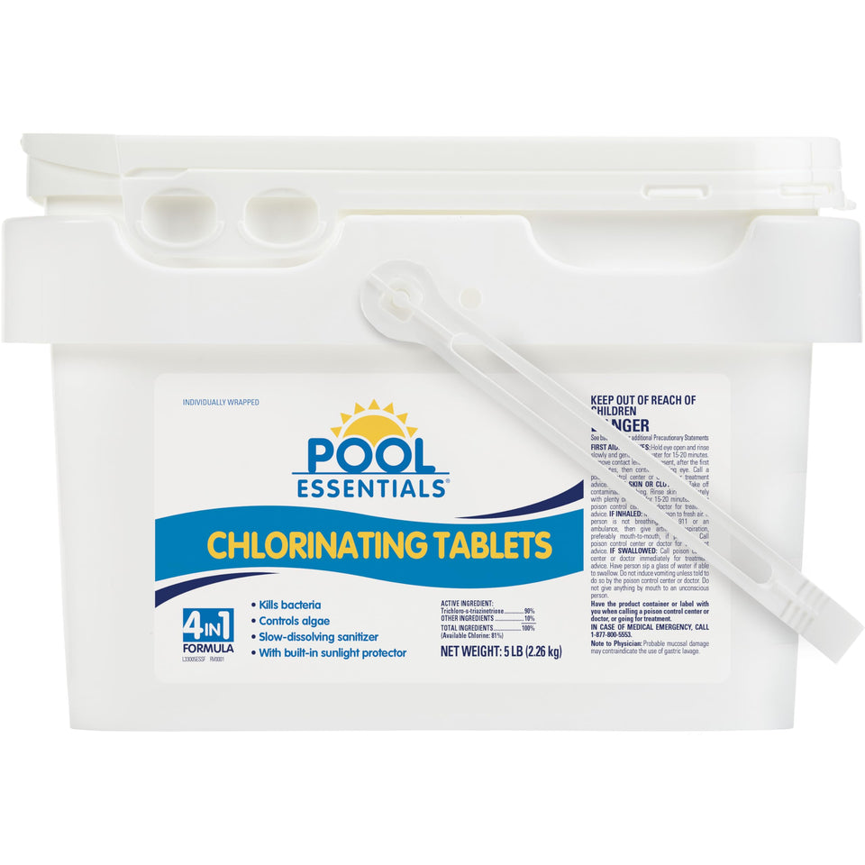 Pool Essentials 3-inch tablets in packaging ready to sanitize pool water and reduce bacteria
