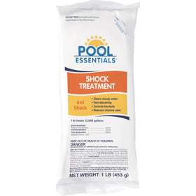 Pool Essentials Shock Treatment 1lb bag dissolving in water to clear up cloudy pools.