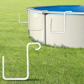 Pool Helper brackets mounted on steel-wall pool rail for quick cover support.