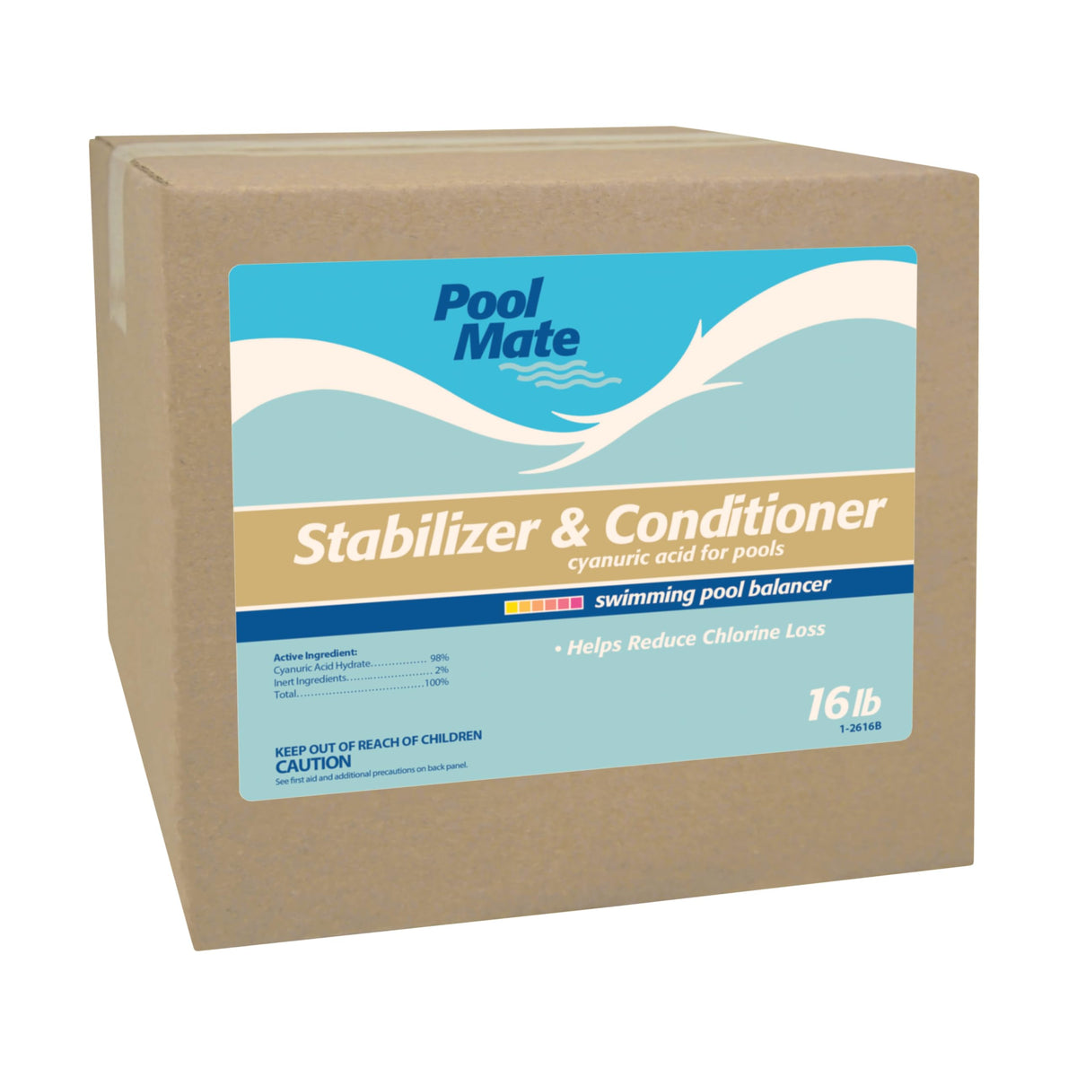 Pool Mate stabilizer bottle for pools improves chlorine longevity.