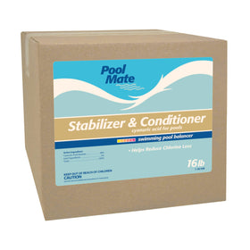 Pool Mate stabilizer bottle for pools improves chlorine longevity.