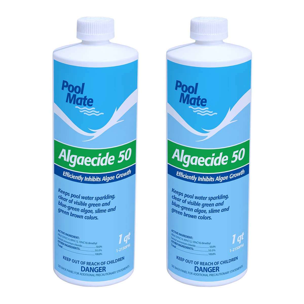 Pool Mate algaecide bottle pour shows direct-water treatment for algae control