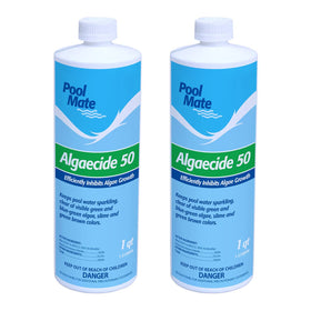 Pool Mate algaecide bottle pour shows direct-water treatment for algae control