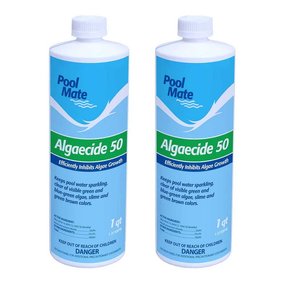 Pool Mate algaecide bottle pour shows direct-water treatment for algae control