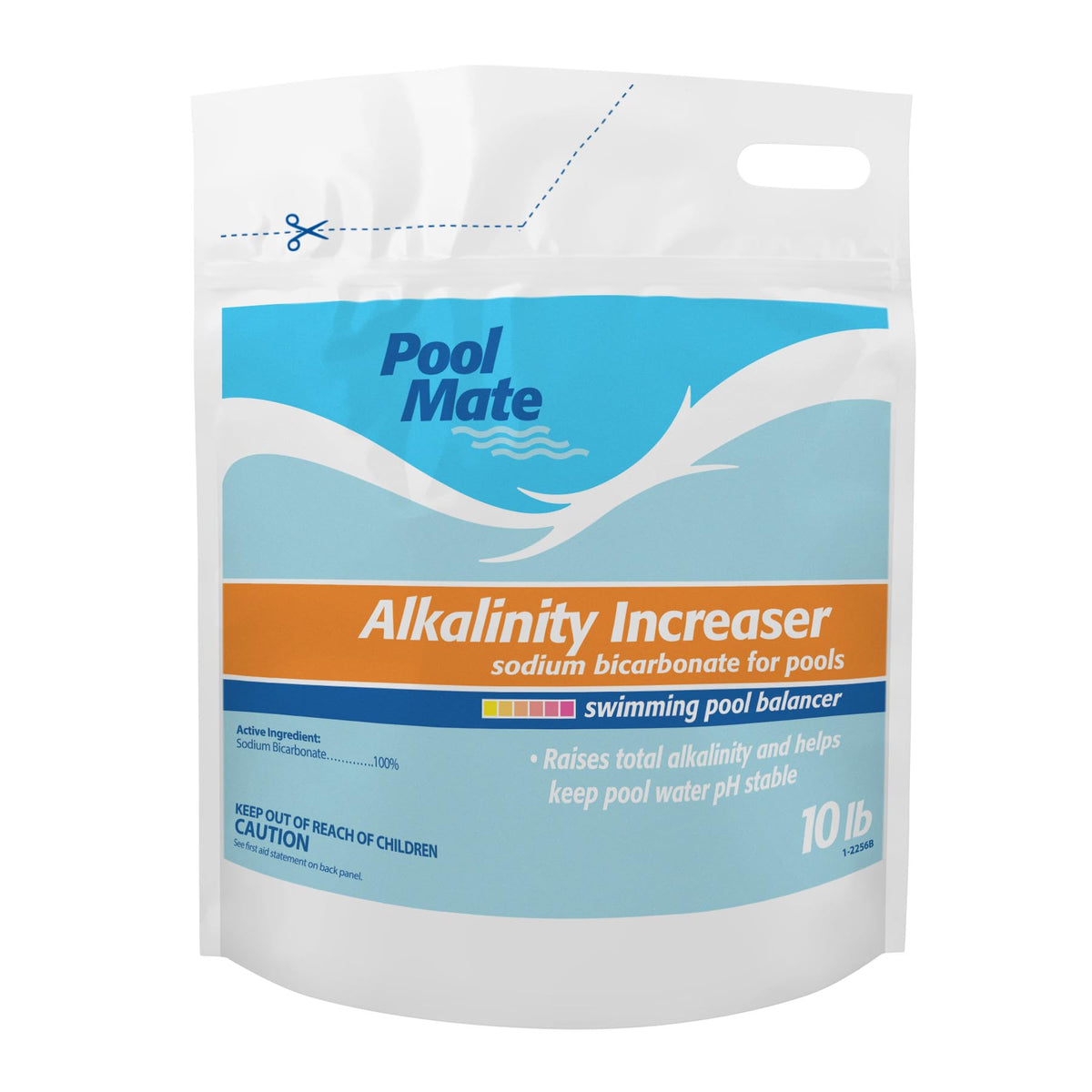 Pool Mate alkalinity increaser bottle top view showing label for stable pH