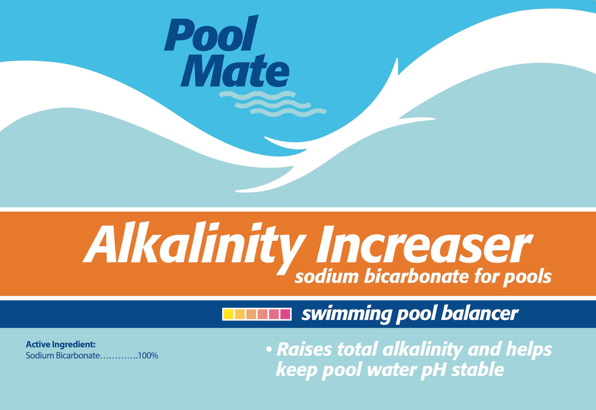 Pool Mate alkalinity increaser package label closeup with clear dosing info