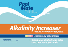 Pool Mate alkalinity increaser package label closeup with clear dosing info