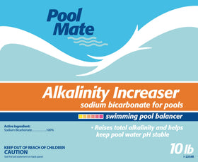 Pool Mate alkalinity increaser with sodium bicarbonate ingredient for corrosion prevention