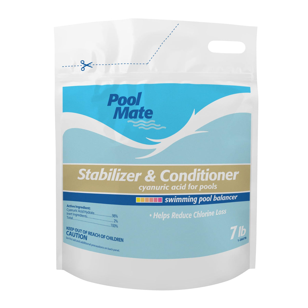 Pool Mate bottle pour shows stabilizer application to extend chlorine protection.