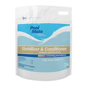 Pool Mate bottle pour shows stabilizer application to extend chlorine protection.