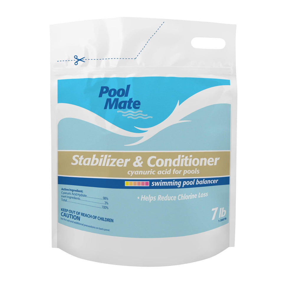 Pool Mate bottle pour shows stabilizer application to extend chlorine protection.