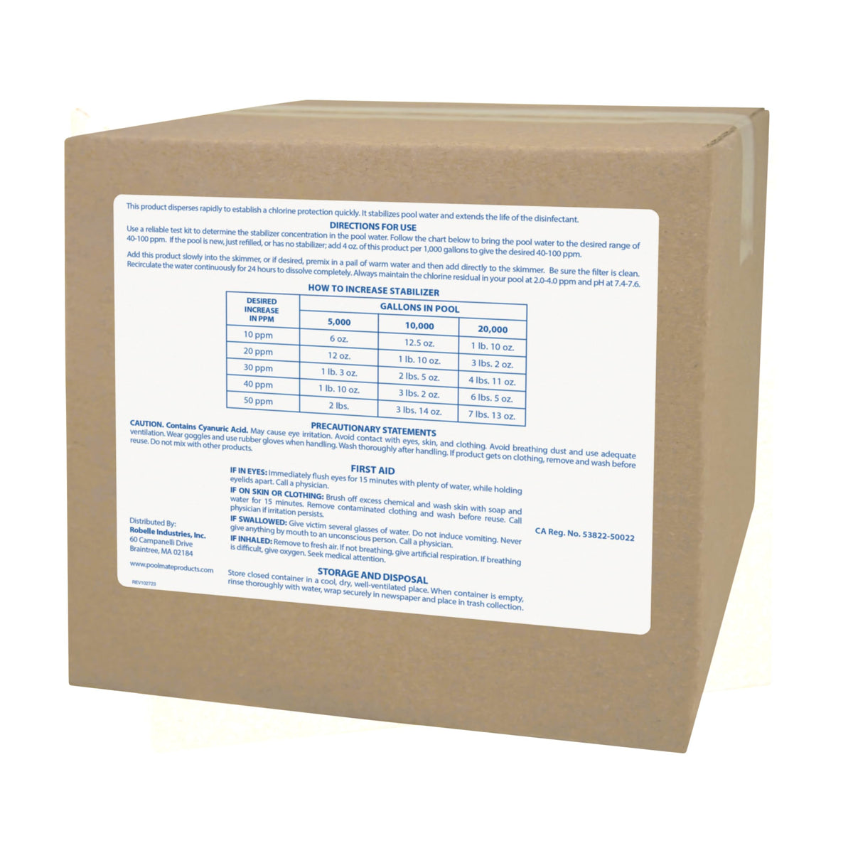 Pool Mate cyanuric acid stabilizer label highlights sun protection for chlorine.