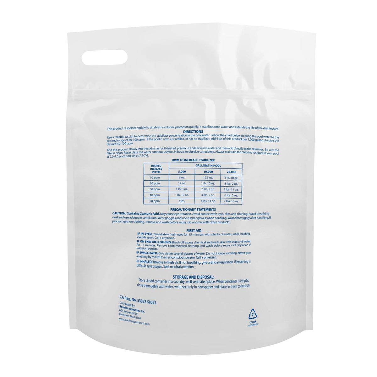 Pool Mate guide chart demonstrates 40-100 ppm stabilization range for pools.