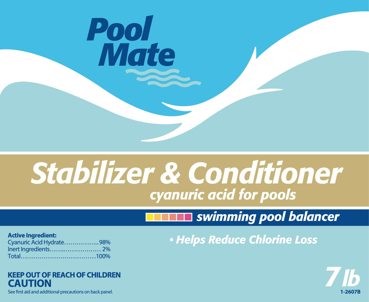 Pool Mate label close-up highlights cyanuric acid dosing information.