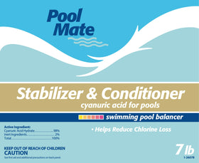 Pool Mate label close-up highlights cyanuric acid dosing information.