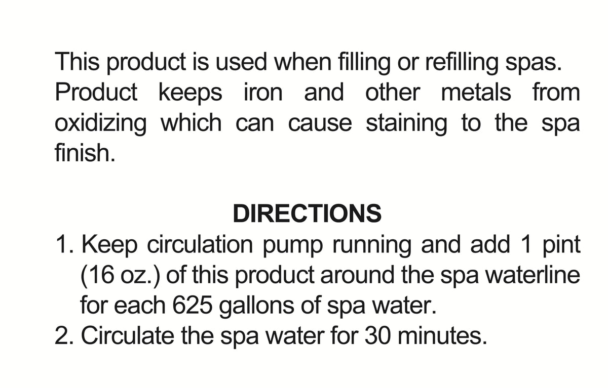Pool Mate Metal Gone USA-made label on the bottle signals quality for spa use.