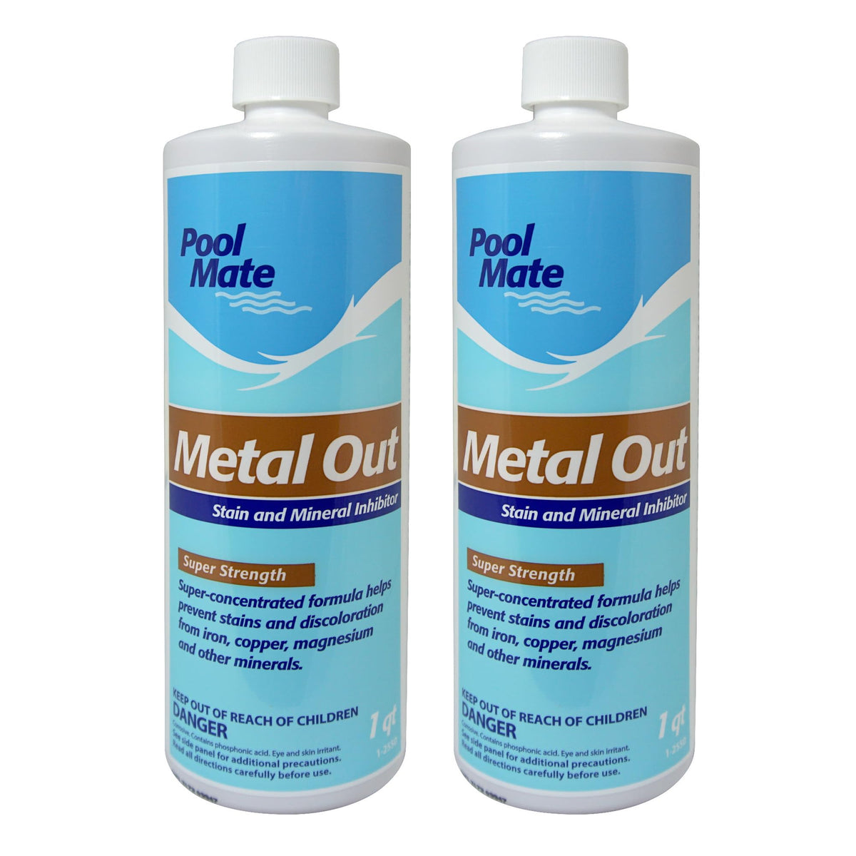 Pool Mate Metal Free bottle pour demonstrates easy dosing for metal control.