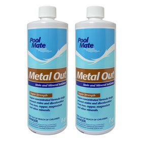 Pool Mate Metal Free bottle pour demonstrates easy dosing for metal control.
