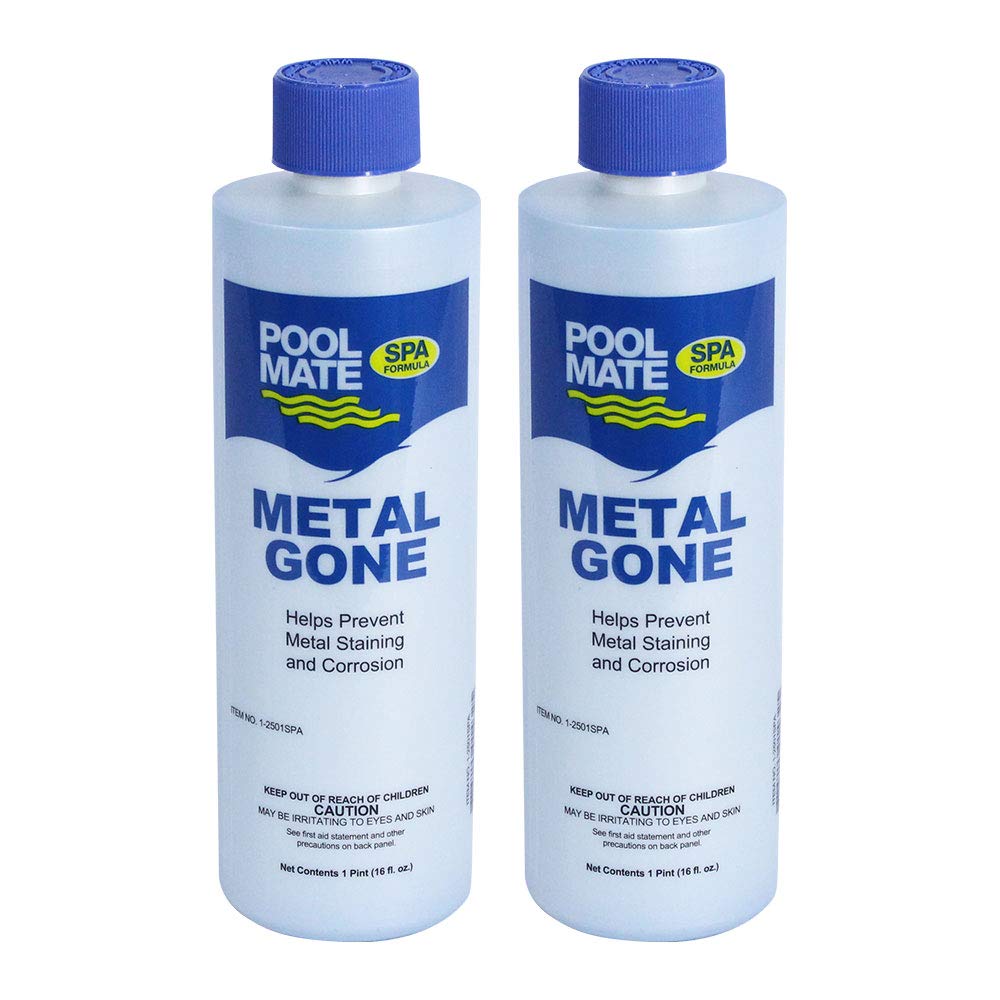 Pool Mate Metal Gone bottle pour for hot tubs helps prevent staining.