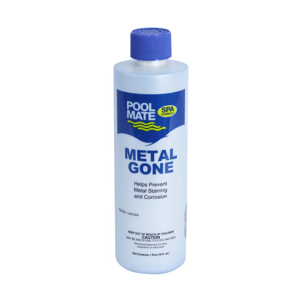Pool Mate Metal Gone bottle beside hot tub, helping prevent metal staining.