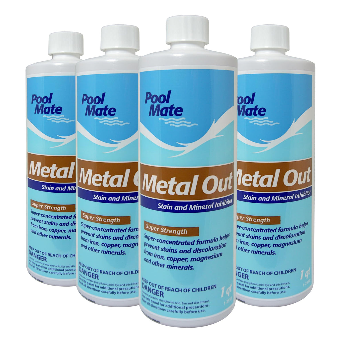 Pool Mate metal-out bottle label demonstrating metal sequestrant for clear water.