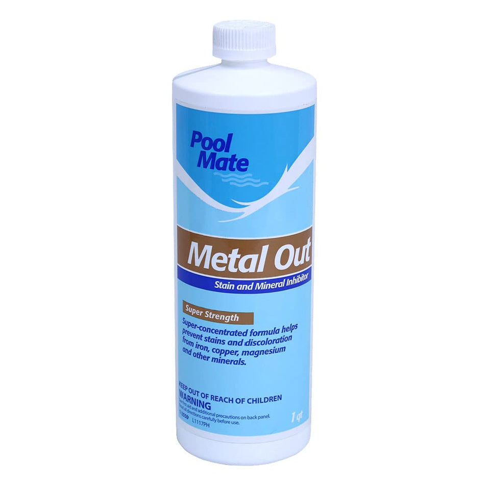 Pool Mate metal-out bottle being poured to prevent pool water stains