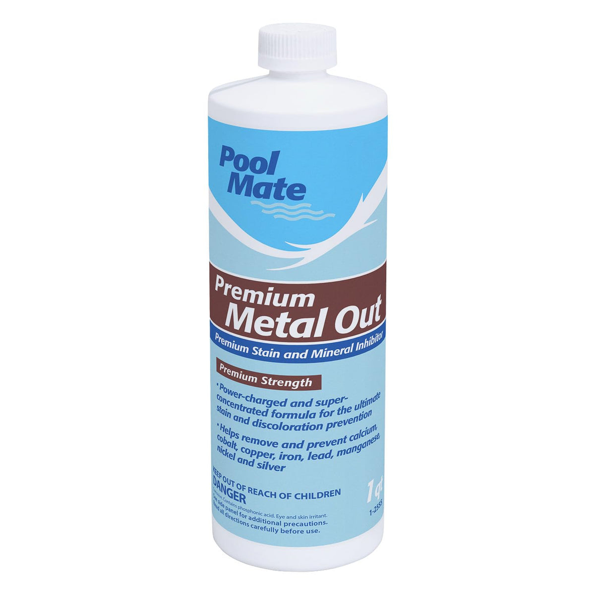 Pool Mate Metal Out Stain Inhibitor bottle for preventing mineral stains in swimming pools.