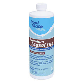 Pool Mate Metal Out Stain Inhibitor bottle for preventing mineral stains in swimming pools.
