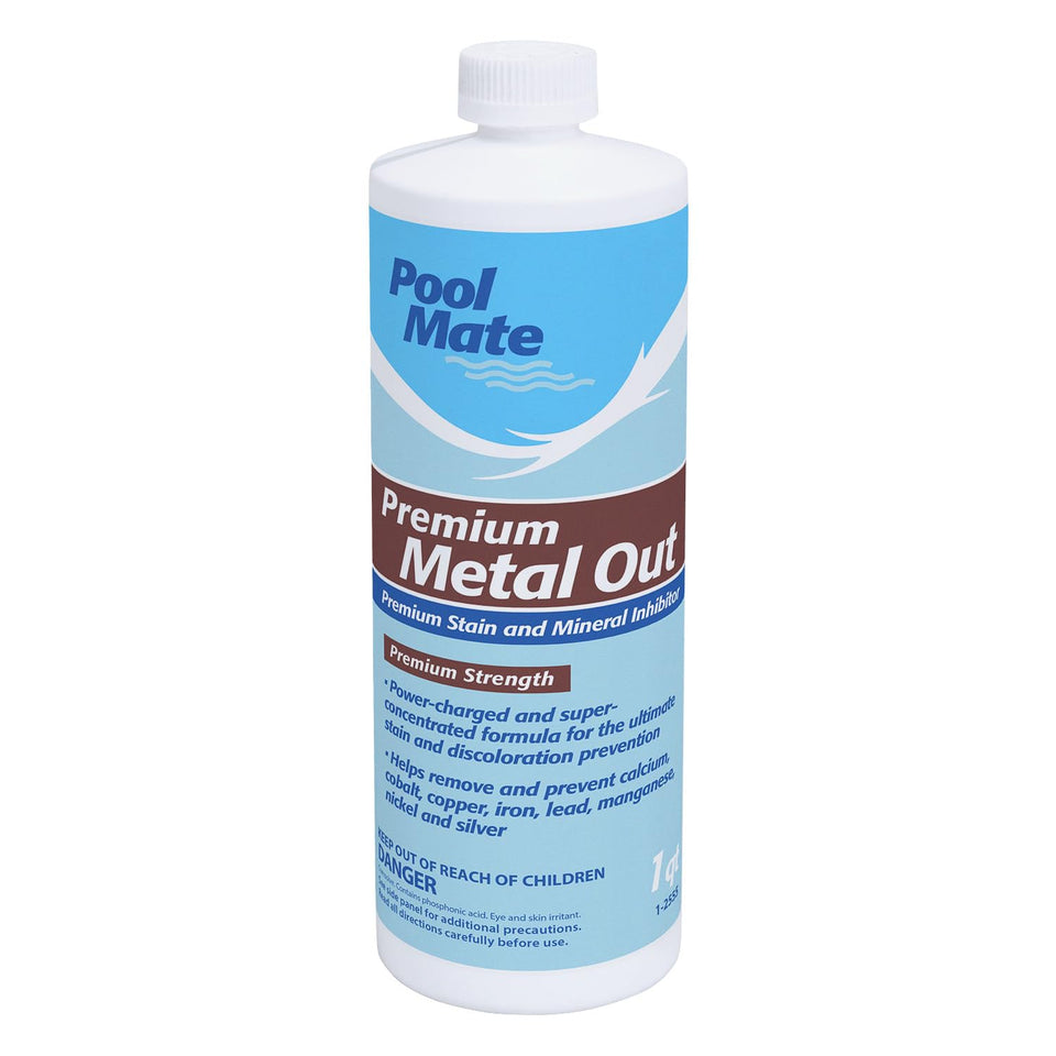 Pool Mate Metal Out Stain Inhibitor bottle for preventing mineral stains in swimming pools.
