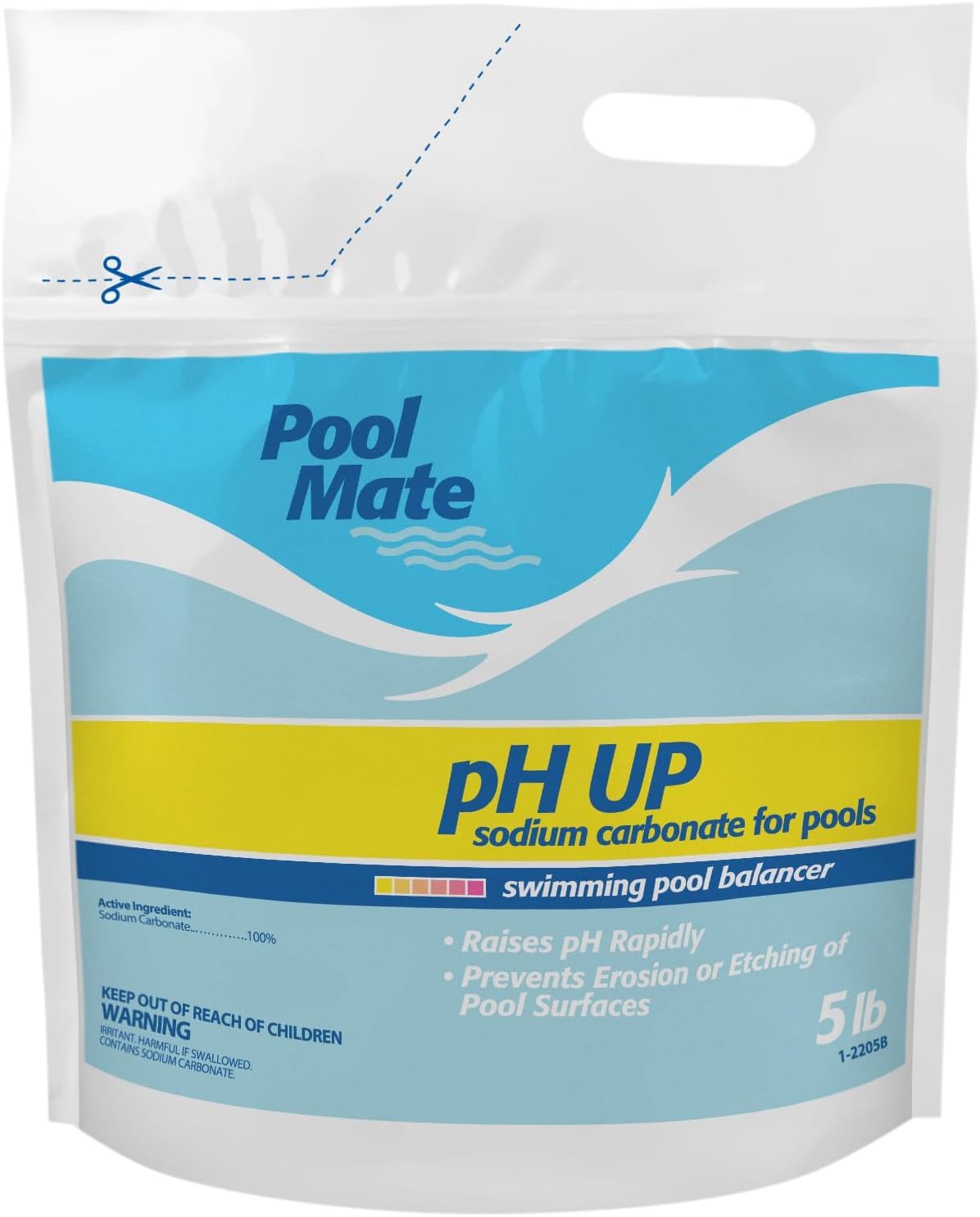 Pool Mate 5-Pounds Premium pH Up bag closeup, highlighting pure sodium carbonate for pH adjustment.