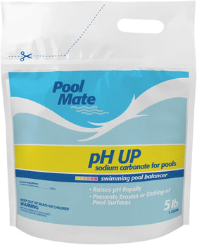 Pool Mate 5-Pounds Premium pH Up bag closeup, highlighting pure sodium carbonate for pH adjustment.