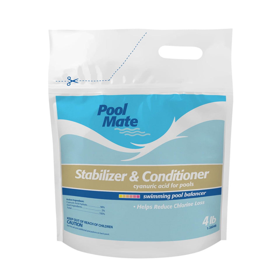 Pool Mate stabilizer bottle pour reduces chlorine loss under sun for clearer pool water