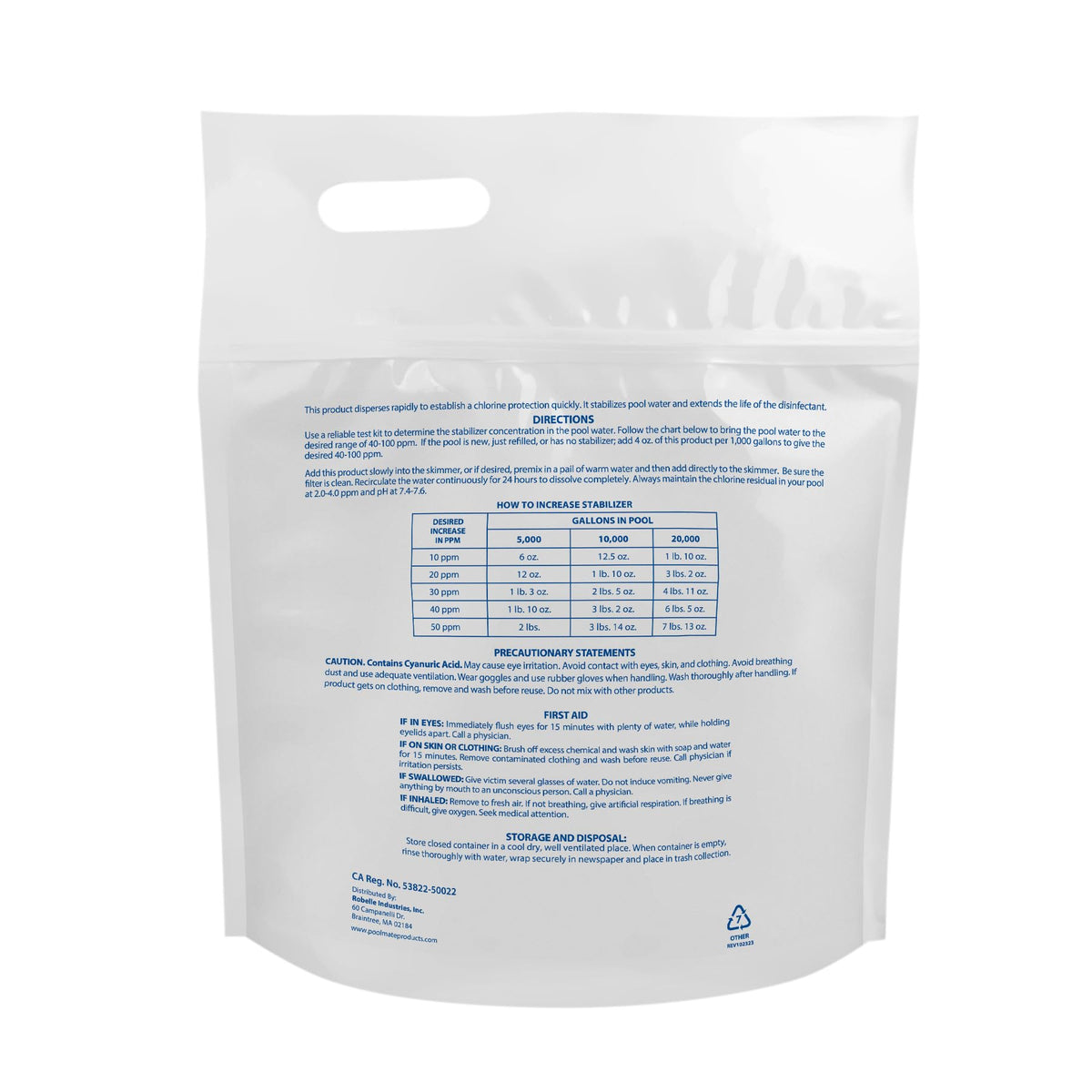 Pool Mate stabilizer scoop shows dosage for proper pool balance