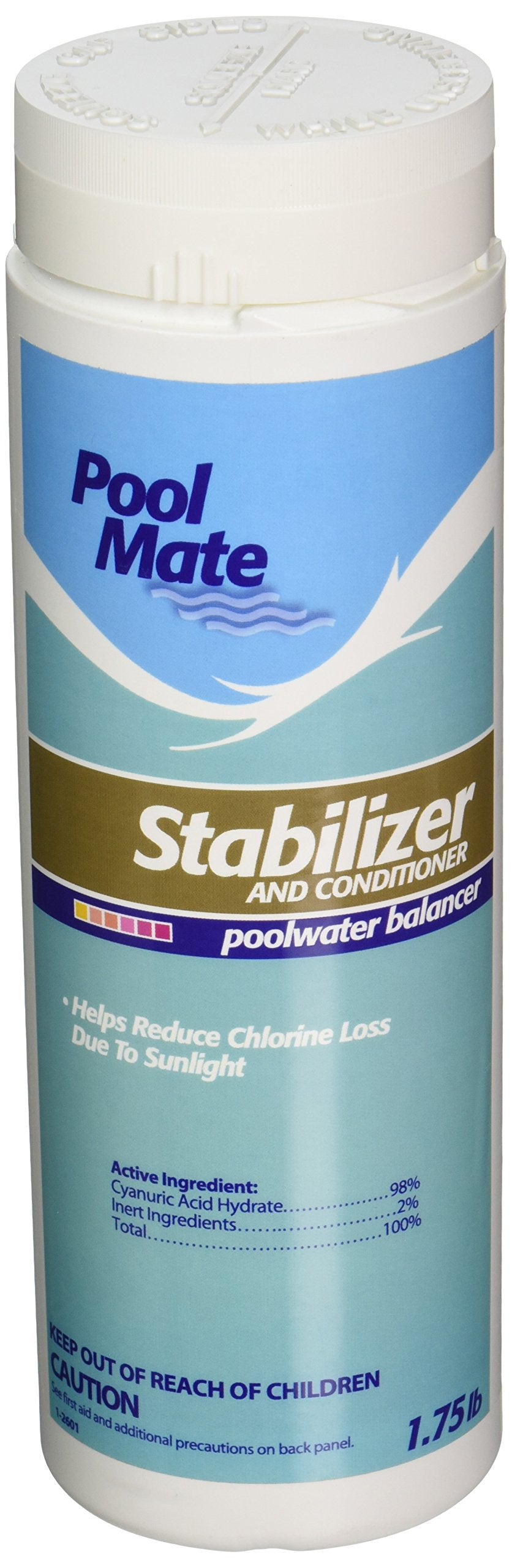 Pool Mate stabilizer jar closed, premium cyanuric acid for stable pool chlorine
