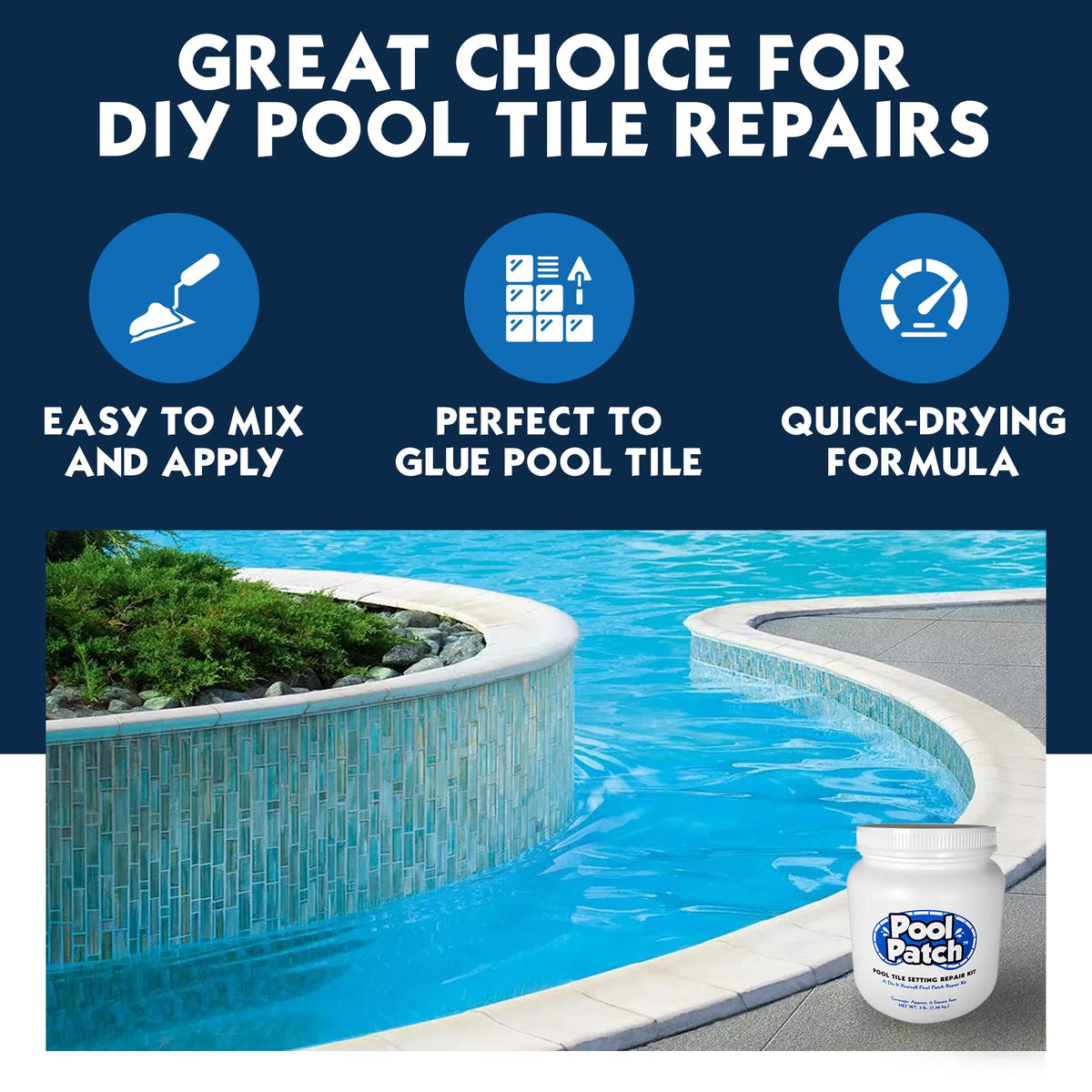 Pool Patch applying thinset on pool tile during DIY installation.
