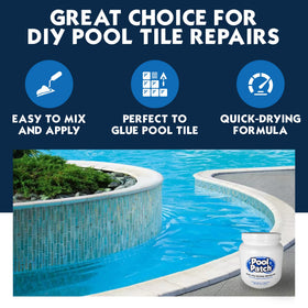 Pool Patch applying thinset on pool tile during DIY installation.