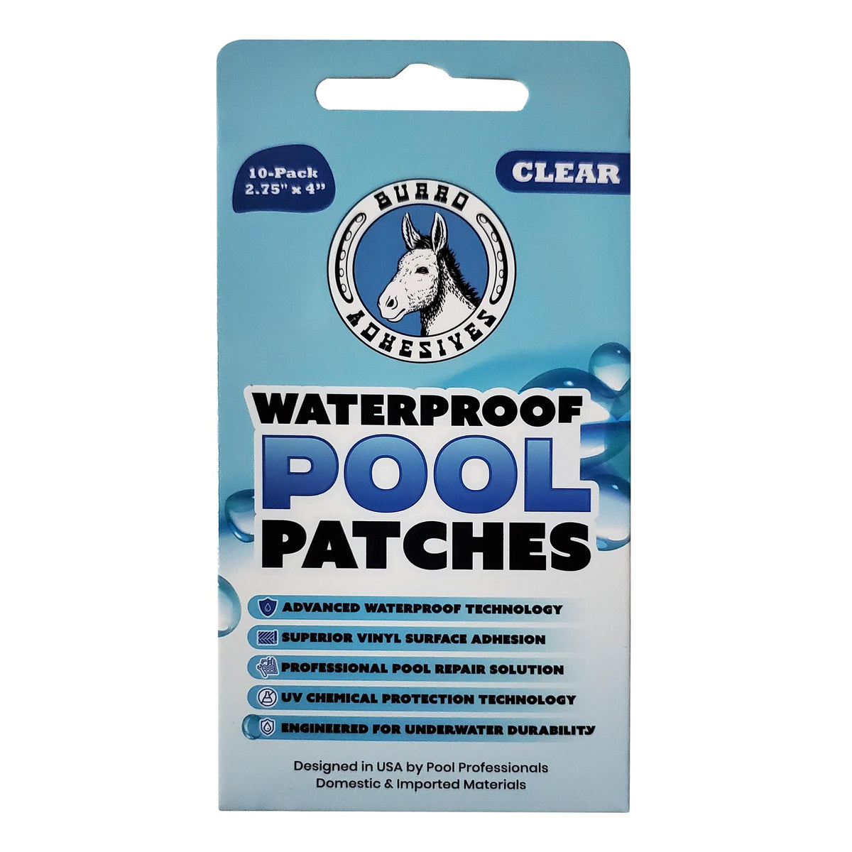 Pool Patch Burro Adhesives 10-pack patches ready for vinyl pool liner repair.