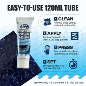 Pool Patch chlorine and saltwater resistant adhesive maintains tile integrity in harsh environments
