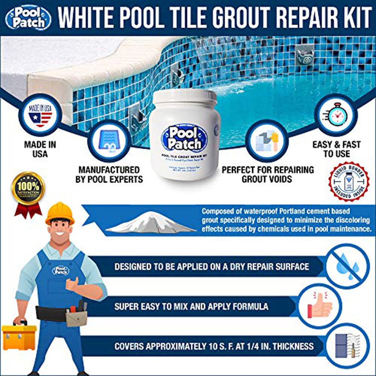 Pool Patch reinforces grout with rapid drying for pool maintenance.
