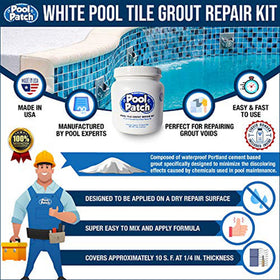 Pool Patch reinforces grout with rapid drying for pool maintenance.