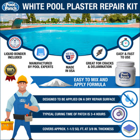 Pool Patch liquid bonder bottle shown for improved bonding on dry surface repairs.