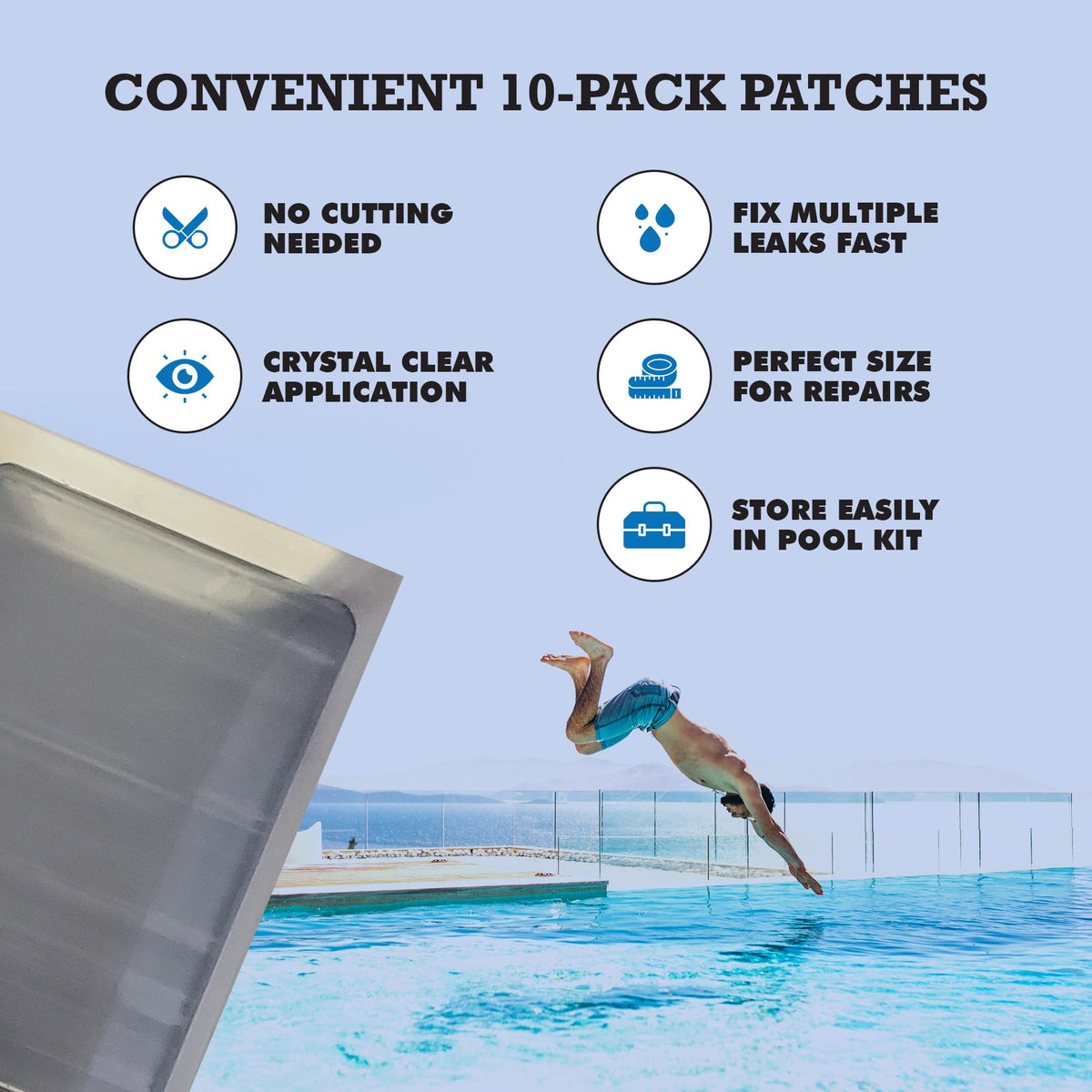 Seals holes, tears, and gaps on residential and commercial vinyl pools.