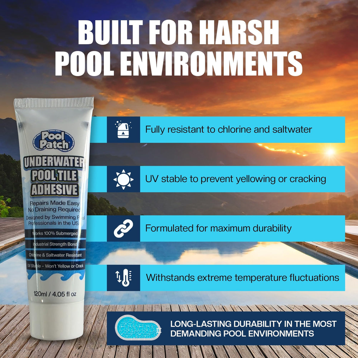 Pool Patch stone tile adhesive secures stone tiles in a pool setting